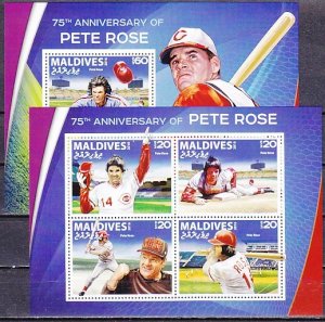 Maldive, 2016 issue. Baseball`s Pete Rose sheet of 4 and s/sheet. ^