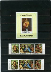 RAS AL KHAIMA 1970 CHRISTMAS PAINTINGS BY SARTO SET OF 2 STRIPS & S/S MNH