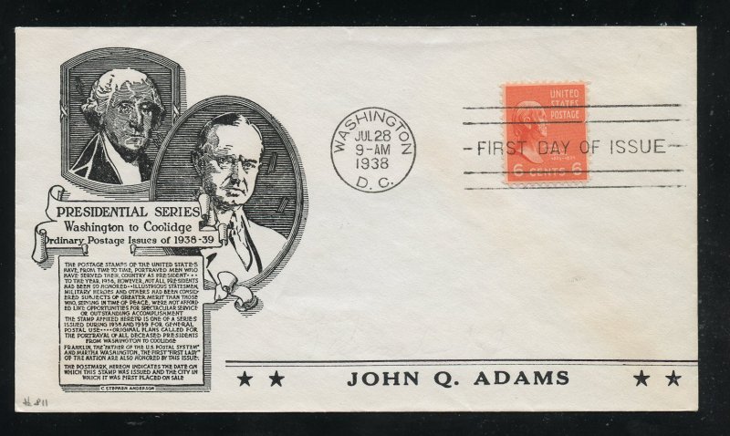 US 811 M=50a Presidential Series, John Adams Anderson cachet FDC UA 