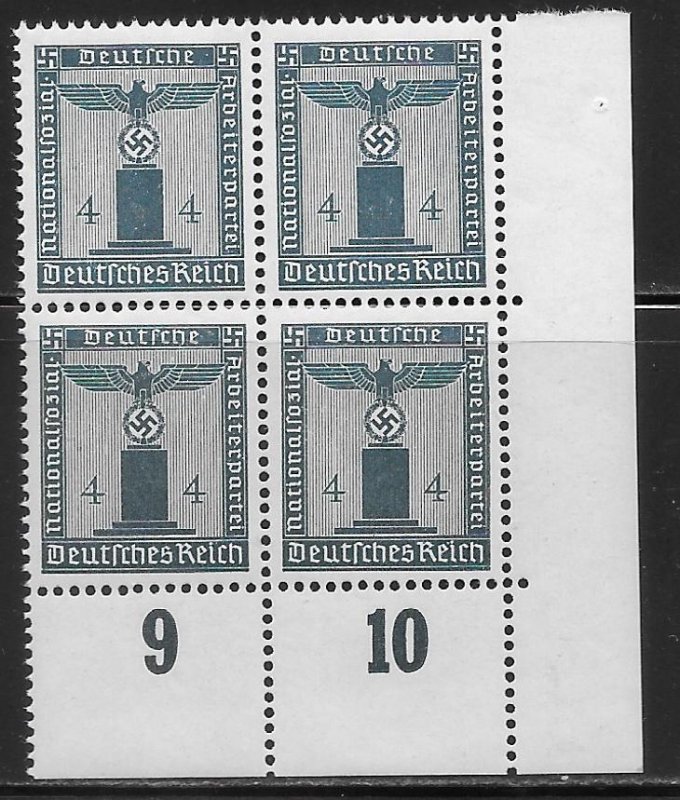 Germany S13 3pf Franchise Stamp Corner Block of 4 MNH