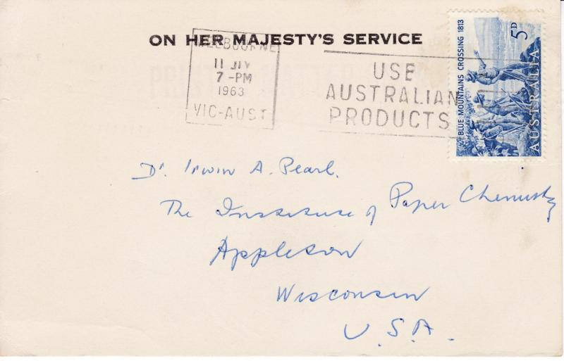 Australia 1963 Official Card Melbourne to USA. Slogan Cancel