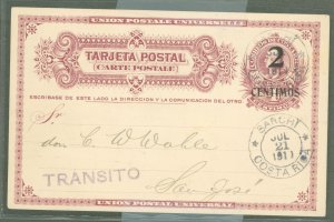 Costa Rica UX 1911 2 cent local rate, used from Sarchi, nice message