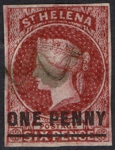 ST HELENA 1863 QV ONE PENNY ON 6D IMPERF TYPE B USED