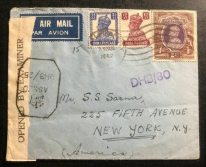 1942 India Airmail WW2 Censored Cover To New York USA