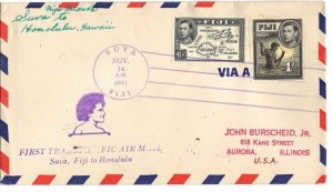 U.S. FIJI, HAWAII 1941 SUVA, FIJI TO HONOLULU FIRST FLIGHT AIR MAIL COVER