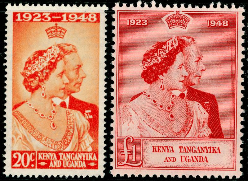 KENYA UGANDA TANGANYIKA SG157-158, ROYAL SILVER WEDDING set, NH MINT. Cat £51.