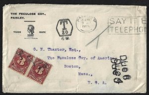 UK GB SCOTLAND 1926 PAISLEY TO BOSTON USA WITH T 30 & DUE 6 POSTAGE DUES 6 CENTS