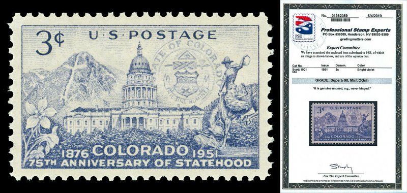 Scott 1001 1951 3c Colorado Issue Mint Graded Superb 98 NH with PSE CERTIFICATE!