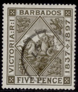 BARBADOS QV SG129, 5d olive-brown, VERY FINE USED. Cat £250. BLUED PAPER CDS