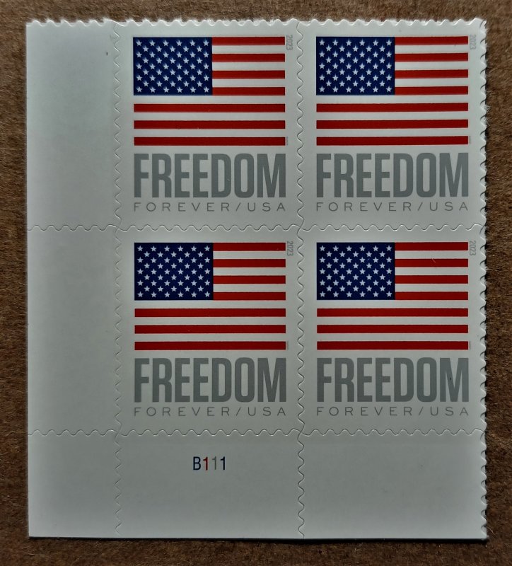 United States (63c) Flag Freedom MNH block of 4 sheet stamps plate #B1111 (2023)