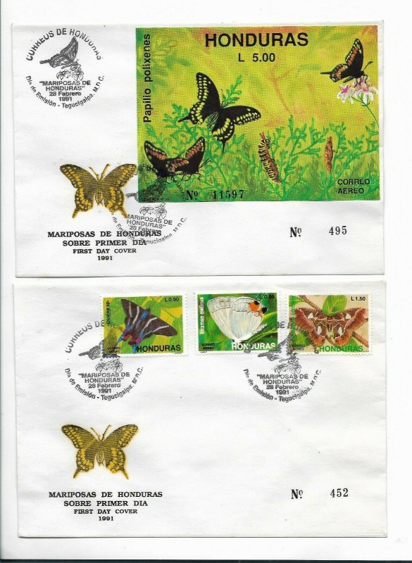 HONDURAS 1991 BUTTERFLIES FIRST DAY COVER SET OF 3 + SOUVENIR SHEET ON 2 FDC