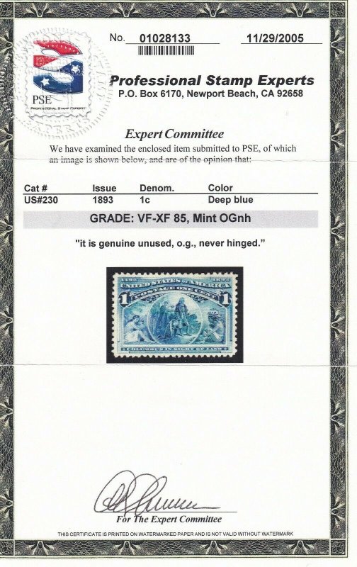 230 VF-XF PSE grade ' 85 ' cert OG  never hinged with nice color ! see pic ! 