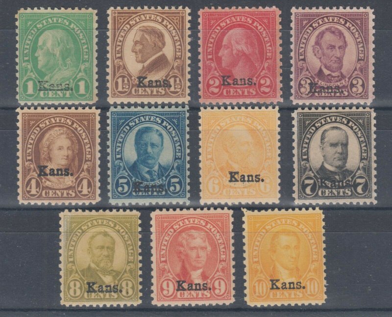 US Sc 658-668 MNH. 1929 Kansas overprints complete, few with dull gum