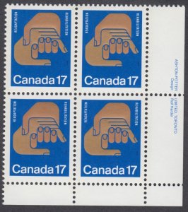 Canada - #856 Helping Hands Plate Block - MNH
