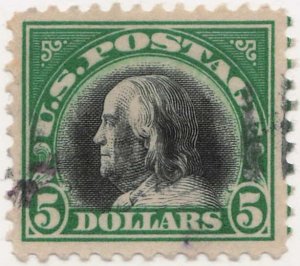 USA 1920 Used Stamp SC524 Benjamin Franklin Black,Deep green 5 Dollar 1920