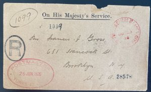 1926 Turks & Caicos Island OHMS official Free Mail Cover To Brooklyn NY USA