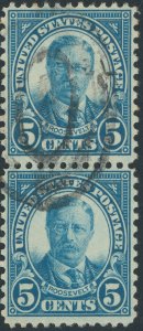 US 637 5 cent Roosevelt; Used; NG; Vertical pair -- See details and scans