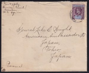 Sierra Leone 1907 Freetown to United States Ambassador Tokyo Japan Cover