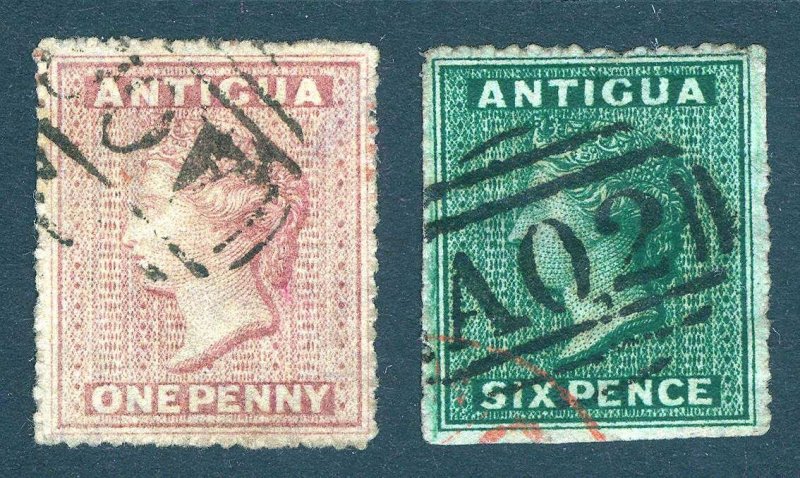 Antigua 1863 1d Rose 6d Grn PERF14-16 Wmk STAR SG 6&9 Scott 2&4 FU Cat£76($115)