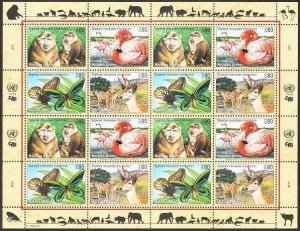 UN Geneva 321a sheet,MNH.Endangered Species,1998:Deer,Tibetan macaque,Flamingo,