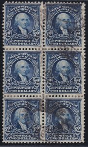 US 312 $2 Madison Used Block of 6 VERY SCARCE MULTIPLE F-VF SCV $2,850