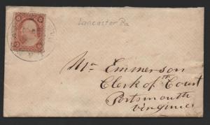 US Scott #26a on Cover Lancaster PA April 15, 1858 CDS Cancel with Letter