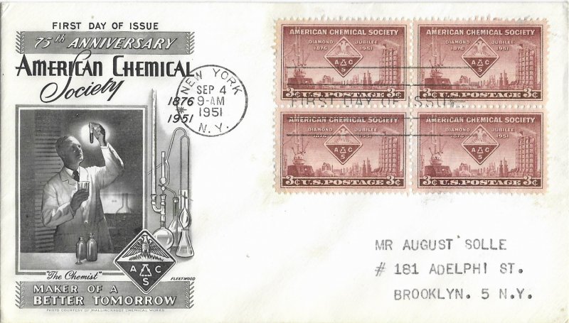 1951 FDC, #1002, 3c American Chemical Society, Fleetwood, block of 4