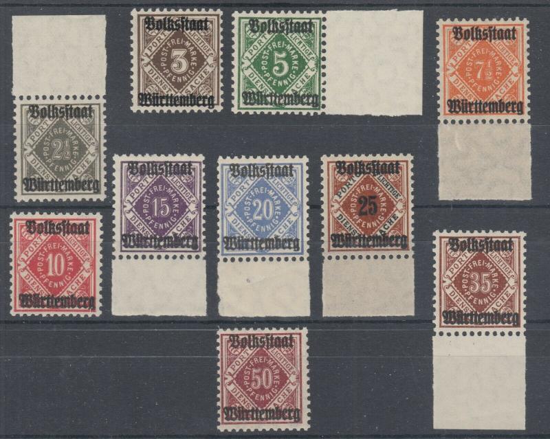 Wurttemberg Sc O43-O52 MNH. 1919 Volkstaat ovpts on Officials cplt, F-VF