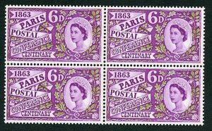 SG636p 1963 6d Paris with Three Phosphor Bands Block of 4 U/M