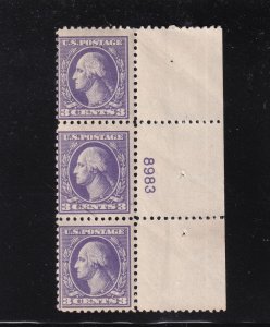 1918 Sc 530 3c purple MNH OG plate number strip of 3 (plate block CV $55) (B2