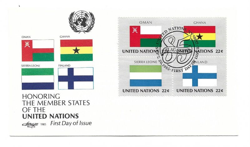 United Nations #462-65 Flag Series 1985, Artmaster center block FDC