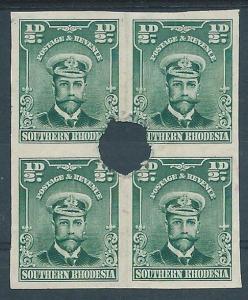 SOUTHERN RHODESIA GV Admiral ½d Imperf PROOF block with security punch.....48576