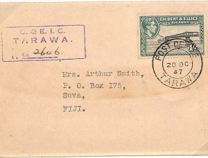 GILBERT & ELLICE KGVI Cover Registered *Tarawa* Fiji 1947 {samwells-covers}Y179