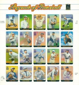 US: 2000 LEGENDS OF BASEBALL; Complete Sheet Sc 3408; 33 Cents Values