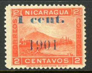 Nicaragua 1901 Momotombo 1¢ on 2¢ (Blue OP) Maxwell  # 196R MNH W45