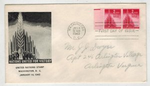 1943 WW2 Patriotic FDC 907 NATIONS UNITED FOR VICTORY FIDELITY BLACK + PAIR