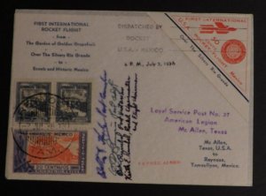 1936 Reynosa Tamps Mexico First Rocket Flight Mail cover To McAllen USA Signed 1