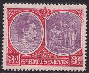 St Kitts & Nevis 1938 - 50 KGV1 3d Red Lilac & Scarlet MM SG 73c ( J1079 )