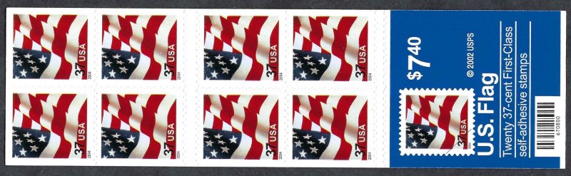 US #3636De 37¢ Flag (2004). Double-sided booklet of 20. MNH