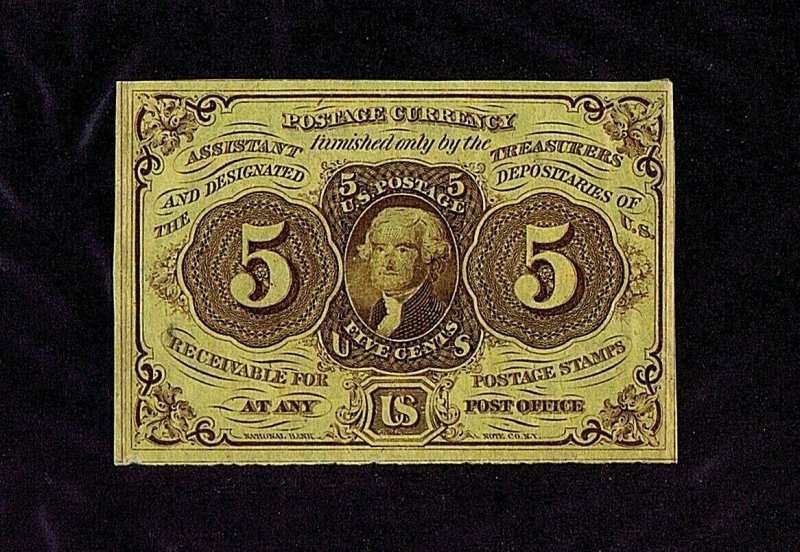 SC# PC5 USED POSTAGE CURRENCY BUST OF JEFFERSON ON 5 CENTS, 1862-1863