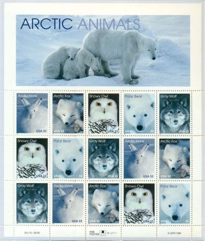 US: 1999 ARCTIC ANIMALS; Complete Sheet MNH Sc3288-91; Owl, Polar Bear, Wolf Fox