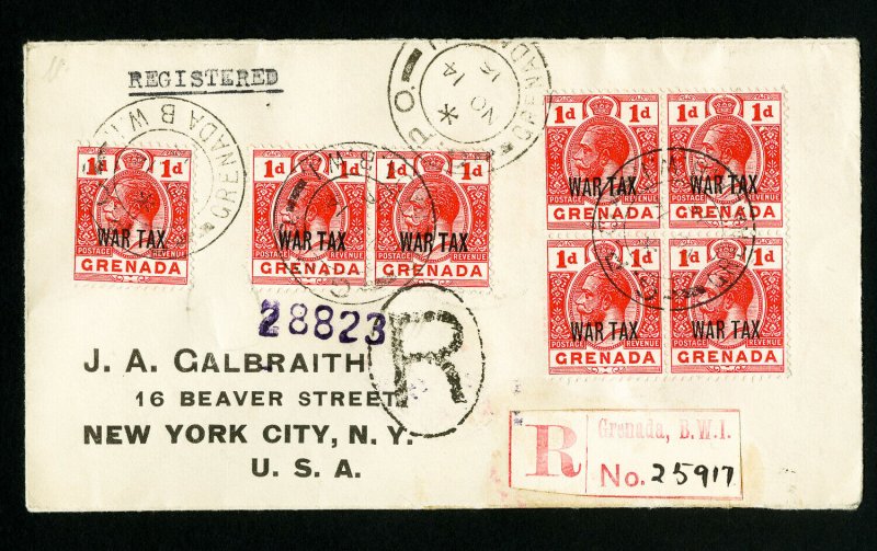 Grenada Stamps 1916 Registered Cover to NY w/ 7 War Tax Stamps + Backstamps