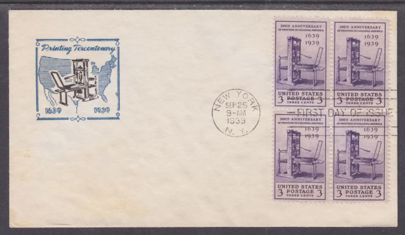 US Planty 857-9 FDC. 1939 3c Printing Press, Block of 4 on Cacheted FDC