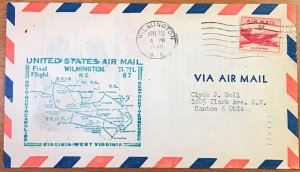 US C33 First Flight Cover FFC AM 87 Wilmington NC to Roanoke VA 4/23/1948 L19