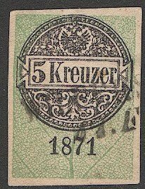 AUSTRIA  1871 5kr  Revenue Stamped Paper, cut-out with Vienna postmark/cancel