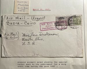 1927 Basra India First Flight Airmail cover FFC To Wooster OH USA Via Cairo