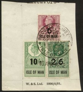 Isle of Man KGVI 10/- and 2/6 and 6d Key Plate Type Revenues CDS on Piece