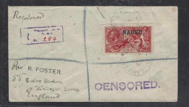 NAURU (P0110B) ON GB KGV SEA HORSES 2/6, 5/-/10/- COVERS 3, 2 HI VALUES CENSORED