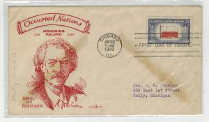 1943 WW2 Patriotic FDC PENT ARTS 1st CACHET VARIETY 909 POLAND PADEREWSKI Chicag