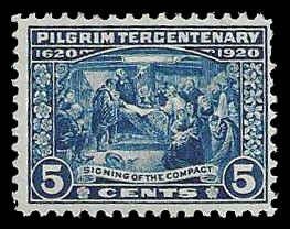 PCBstamps  US # 550 5c Pilgrim Tercentenary, deep blue, used, (6)